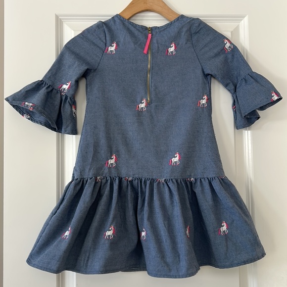 Rare Editions Unicorns Embroidered Chambray Dress w Ruffle Hem & Sleeves - Picture 7 of 8